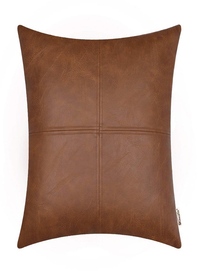 BRAWARM Faux Leather Throw Pillow Covers 18 X 18 Inches, Brown Leather Pillow Cover, Hand Stitched Leather Decorative Pillow Cover for Couch Sofa Bed Living Room Home Garden - Image 1